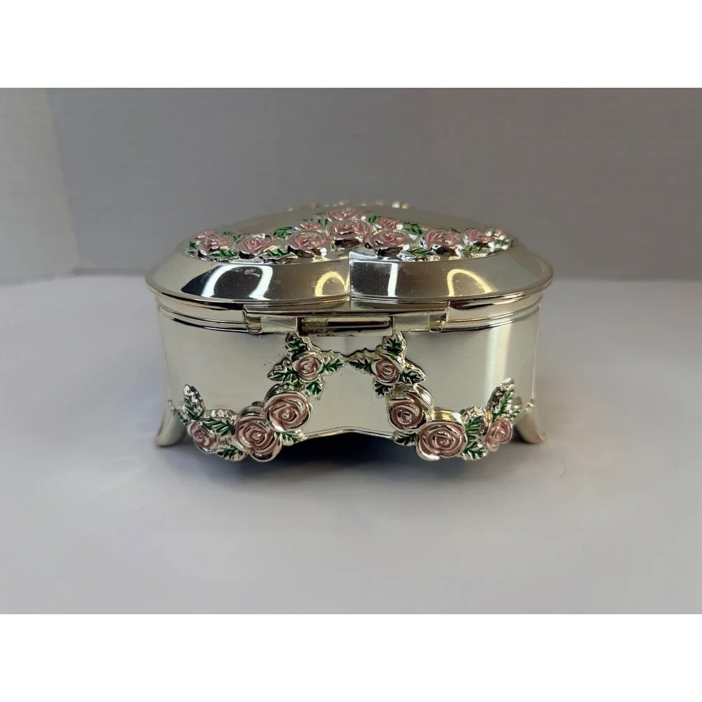 Vtg Silver Heart Jewelry Box Pink Enameled Rose Footed Trinket Case Girly Vanity